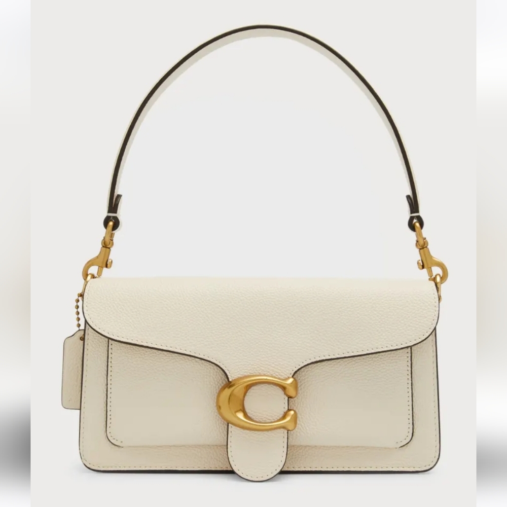 COACH Logo Closure Pebbled Leather Shoulder Bag in white/chalk/brass - Picture 3 of 17
